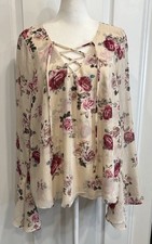 Show Me Your Mumu Floral Boho Blouse S Bell Sleeve LaceUp Romantic Fairy Cottage