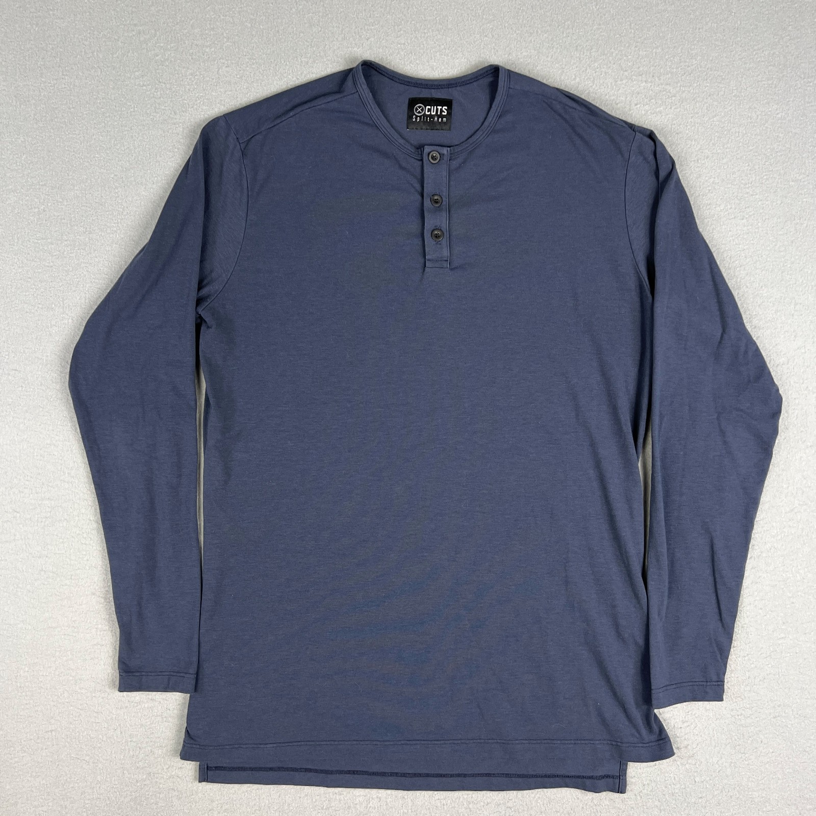 Cuts Clothing Henley Shirt Mens L Blue Split Hem Long Sleeve Stretch Active USA