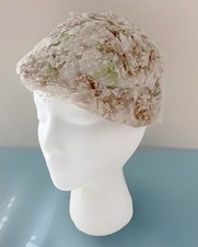 Vintage 1960s Cloche Hat Women s Beige Floral Netting Easter Cottage Sunday