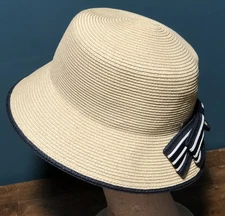 Classic Sun N' Sand UPF 50 Woven Sun Hat W/ Split Back & Navy Blue Bow