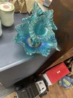 Vintage Fenton Art Glass Teal Carnival GLOWS Diamond Lace 3 Horn Epergne 9.5”