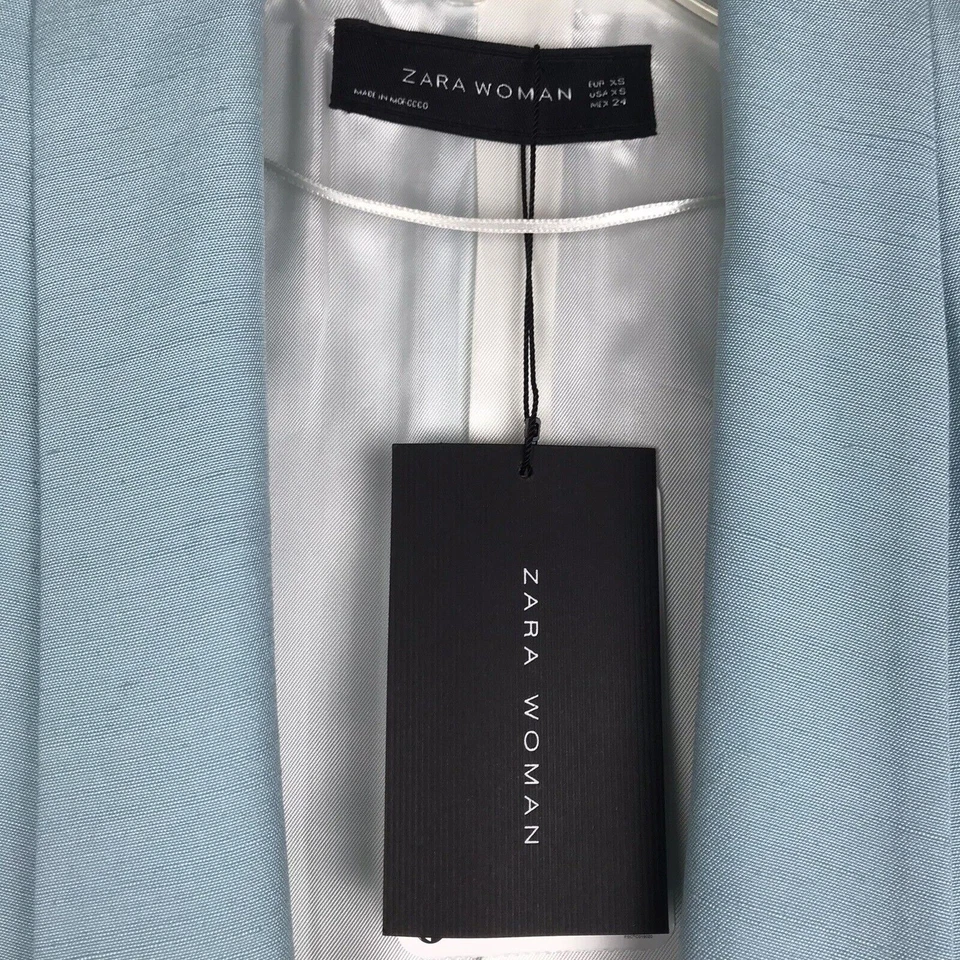 Blazer para mujer ZARA NUEVO CON ETIQUETAS frente abierto mezcla de lino azul forrado talla XS Foto 4 de 4