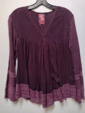 Johnny Was Dark Plum Pleated Button Down Tunic w/Crochet Sz Small