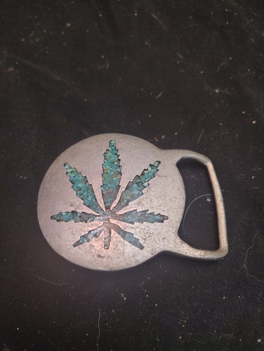 MARIJUANA BUD WEED LEAF TURQUOISE INLAY HIPPIE BELT BUCKLE! VINTAGE ...