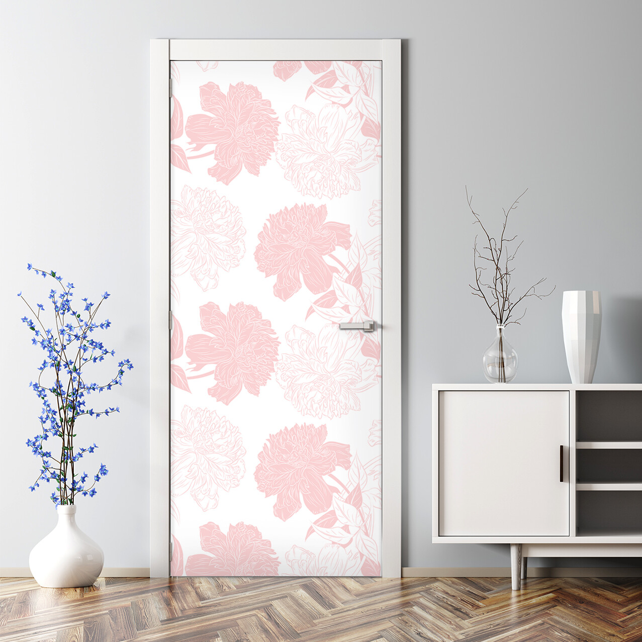 Pink flowers Bubble Free Door Decal Decor Reusable self adhesive wallpaper