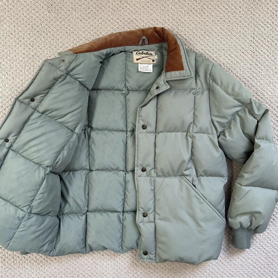 复古 Cabelas Down Puffer 大衣 Mars Sage 绿色蓬松夹克灯芯绒装饰 — 第 2/4 张图片