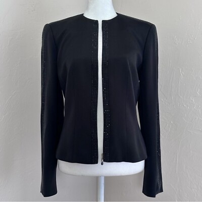 Escada 100% Silk Rhinestone Embellished Black Zip Blazer 34 DE 4 US