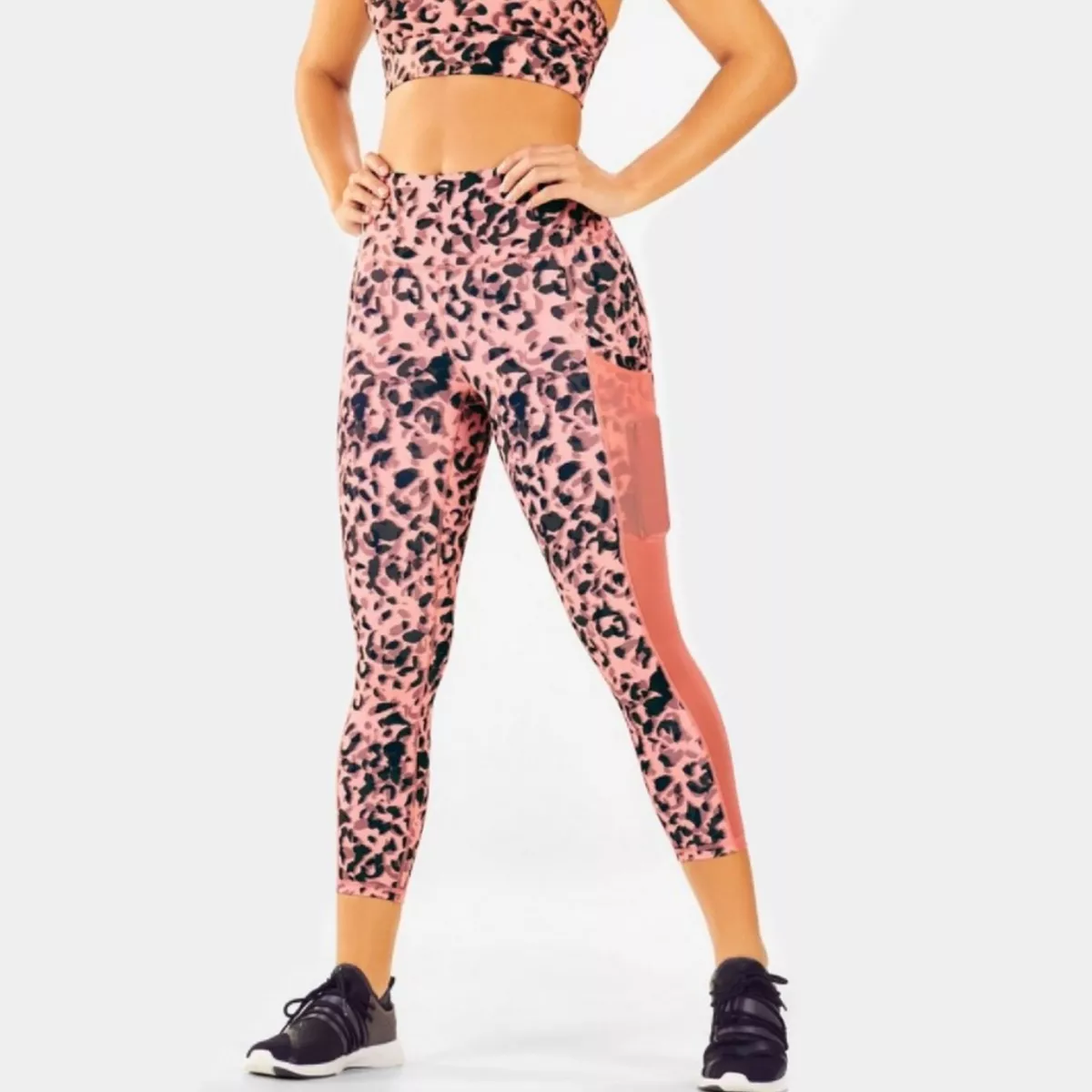 Fabletics Mila Powerhold High Waist Pink Leopard Capri Leggings Pockets  Small