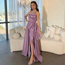 Elegant Pleated Draped Bow A-Line Strapless Long Dresses Bespoke Arabic Gowns