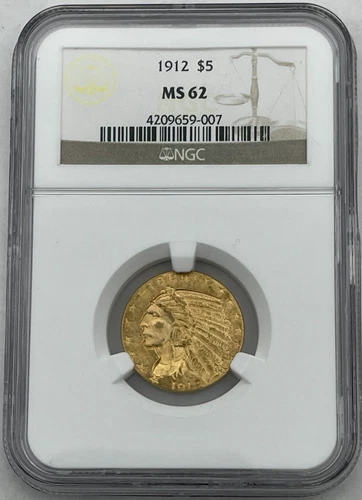 1912 $5 Gold Indian Head Coin, NGC MS-62,  Pre-1933 Graded, Original Look.