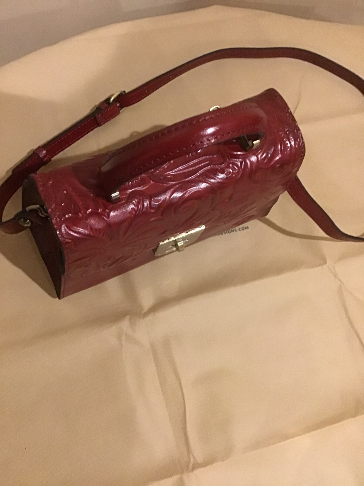 NWT Patricia Nash Chauny Tooled Leather Crossbody Bag Satchel BERRY RED w/strap
