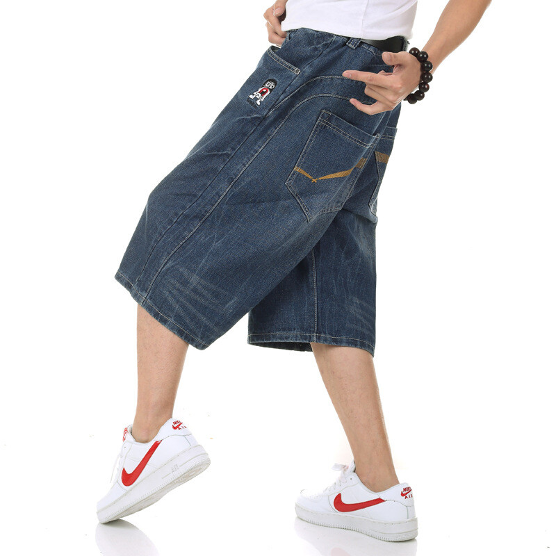 Mens Hip Hop Baggy Loose Fit Skater Denim Shorts Capri Pants