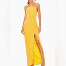 Ieena Mac Duggal Marigold Yellow Halter Neck Ruched Side Slit Gown Large $398
