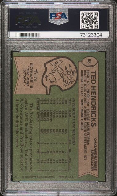 1978 Topps Ted Hendricks Vintage Football Card #68 Oakland Raiders - PSA 6 EX-MT view 2