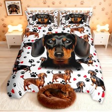 Cute Dachshund Dog Duvet Cover Set Full Size,Cartoon Dog Paw Print Red Love H...