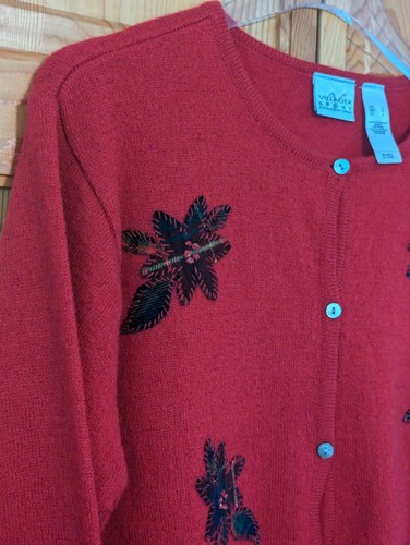 The Villager Cardigan Sweater Vintage 100% Wool Womens Christmas Holly Granny - Picture 3 of 11