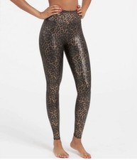 SPANX Faux Leather Women's Leopard Print Leggings Sz M- Black Metallic Gold