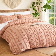 Boho Duvet Cover Queen Size - Coral Pink Tufted Boho Bed Set 3 Pieces Machine