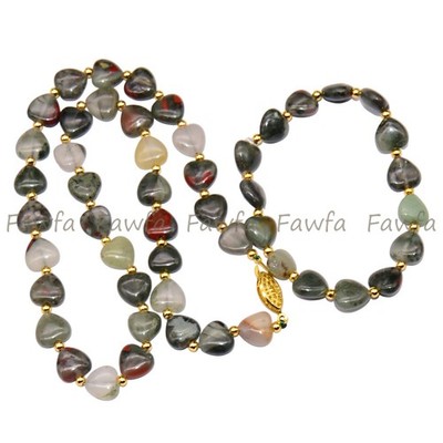 10mm Natural Bloodstone Flat Heart Shape Gemstone Beads Necklace Bracelet Set