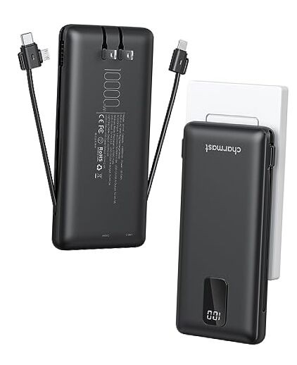 10000mAh Portable Charger with Built-in Cables & Wall Plug in Black-image