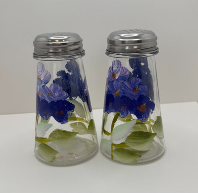 Salt & Pepper Hand Painted Purple Violet Clear Glass Shakers 4''
