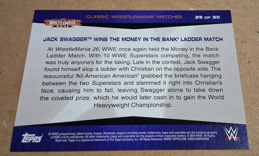 Jack Swagger 2015 Topps Road To Wrestlemania #25 RARE INSERT HTF WWE WWF AEW  - Image 2 of 2