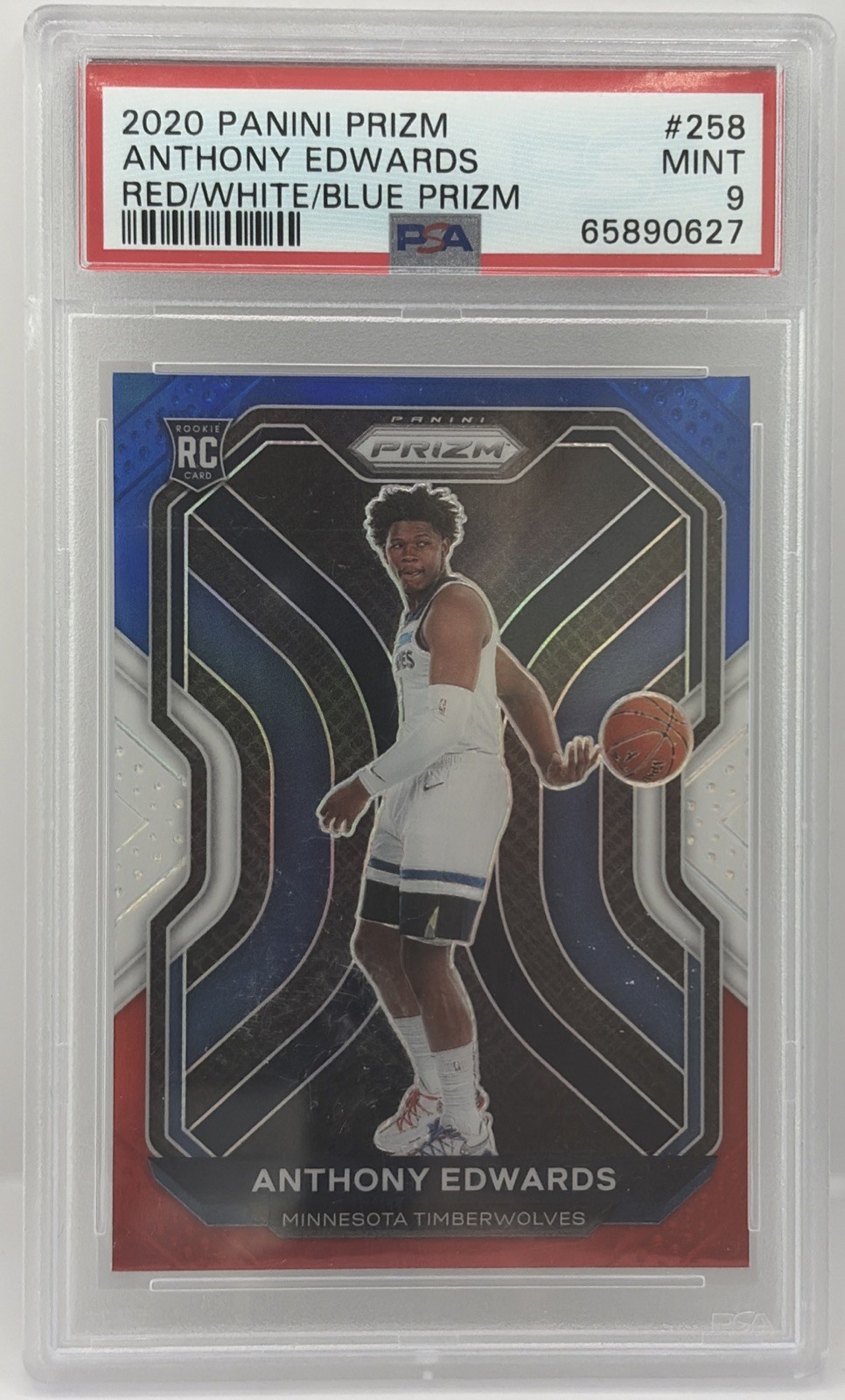 2020-21 Prizm Anthony Edwards RC Red, White and Blue Prizm #258 PSA 9 MINT SP view 1