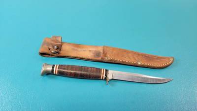 Vintage KA-BAR Hunting Bird Trout Knife 1226 Finger Grooved Sheath Kabar TR1524