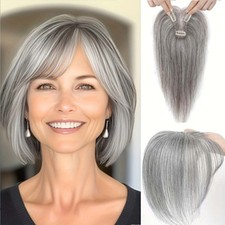 Comfy Lightweight Human Hair Topper with Bangs for Thinning  Gray Hair Coverage