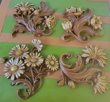 Four Vintage Mid Century Syroco Wall Plaques Gold Tone Floral  THE FOUR SEASONS 