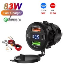 USB Car Charger Dual QC 3.0 PD Port With Voltmeter Outlet Socket for 12/24V