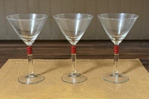 Set Of 3 Beefeater Gin Red Wafer Stem Crystal Martini Glass Etched Base Logo