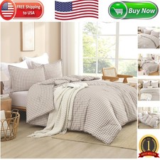 All-Season Tan Gingham Comforter Set - 3-Piece Queen Microfiber Ensemble
