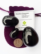 Polar Jade Obsidian Gemstone Eggs 3-PCS Set, Drilled with Unwaxed String & In...