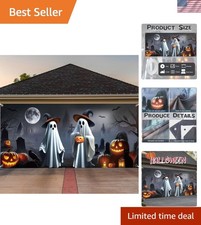 Ghost-Themed 7 x 16 ft Halloween Garage Banner with Hanging Rope - Spooky Decor
