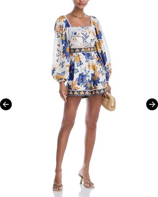 Farm Rio XS Floral Lace Square Neck Balloon Long Sleeve Zip Romper Viscose