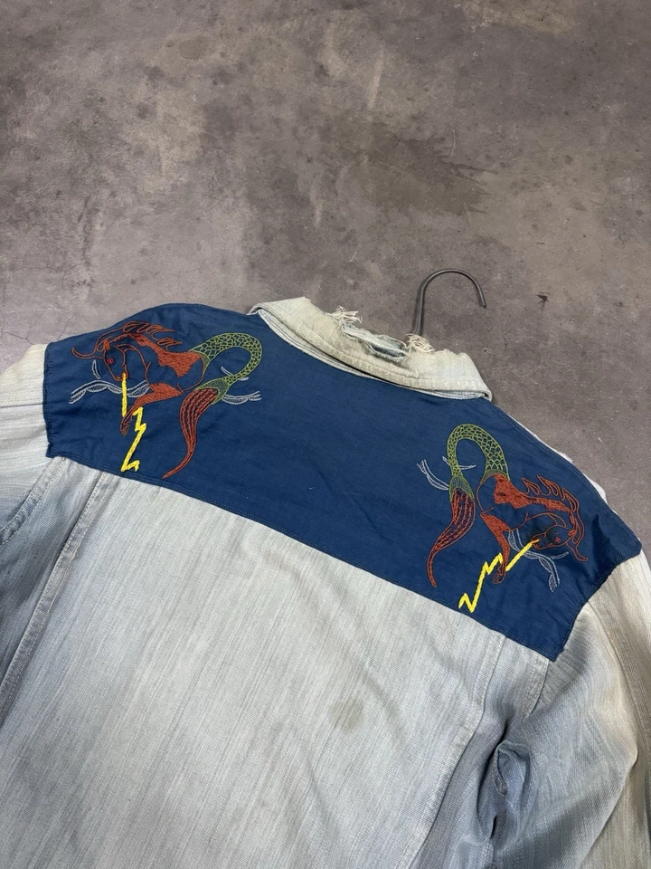 Chaqueta de Jean Demin Vintage Años 60 Cosida con Cadena Desteñida Desgastada Para Hombre Talla L Foto 3 de 4