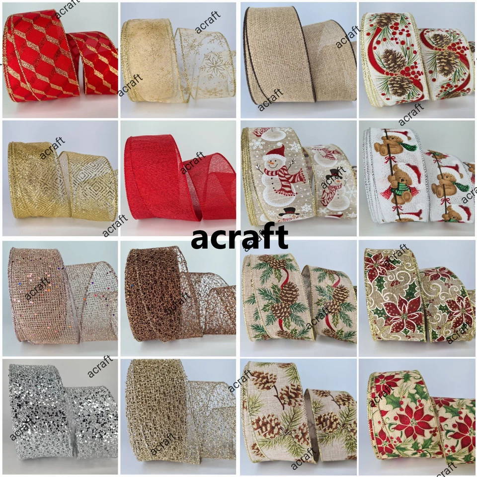 1.5 inch Christmas Ribbons Wired Edge Craft Gift Wrapping Hessian Wreaths UKpost - Image 2 of 4