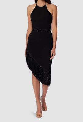 black fringe halter neck natalia midi dress $395 Helsi Women's Black Fringe Sequined Halter Neck Bodycon Dress Size S