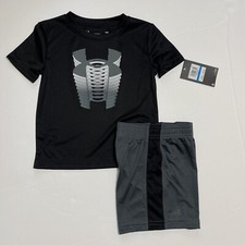 Under Armour UA Logo Rise Tee Shirt Striped Shorts Set Outfit Sz 24M NEW