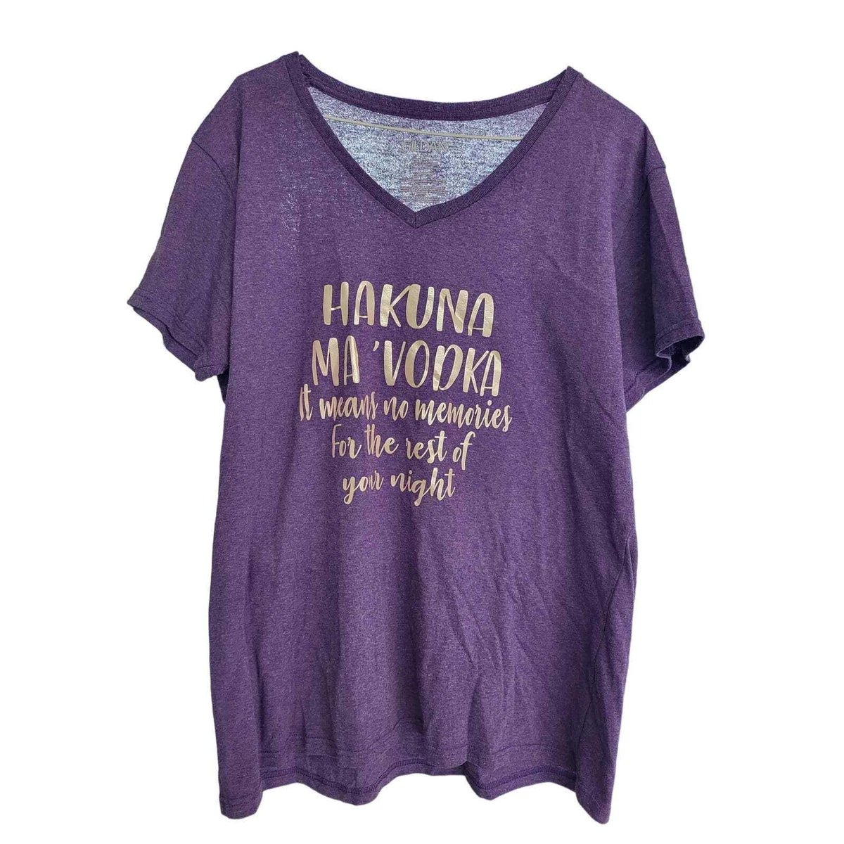 purple shirt with gold writing