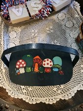 VINTAGE NANS 70s WOOD BOX PURSE MUSHROOMS LADY BUG HAND PAINTED SIGNED