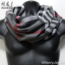Women Fashion Gray White Red PLAID/CHECK Print Pashmina Infinity Circle Scarf