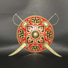 VINTAGE BRASS WALL PLAQUE 3 PIECE Decorative SHIELD & SWORDS HAND PAINTED ENAMEL