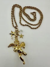 Kirks Folly Retired Large Cherub Angel with Stars & Crystals Rope Chain Necklace