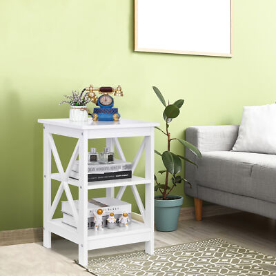 Home Sofa Side Display Stand X-Design Wood Frame End Table Storage Shelf, White