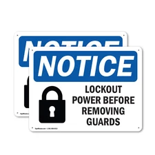 (2 Pack) Lockout Power Before Removing Guards OSHA Notice Sign Decal Metal