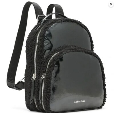CALVIN KLEIN Estelle sherpa and patent leather backpack Black