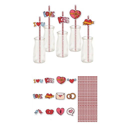 Valentine's Day Themed Party Disposable 24 Paper Straws Decorative Stickers Set