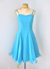 Vtg 80s aqua blue chiffon prom dress spaghetti straps wire hem twirl skirt 10